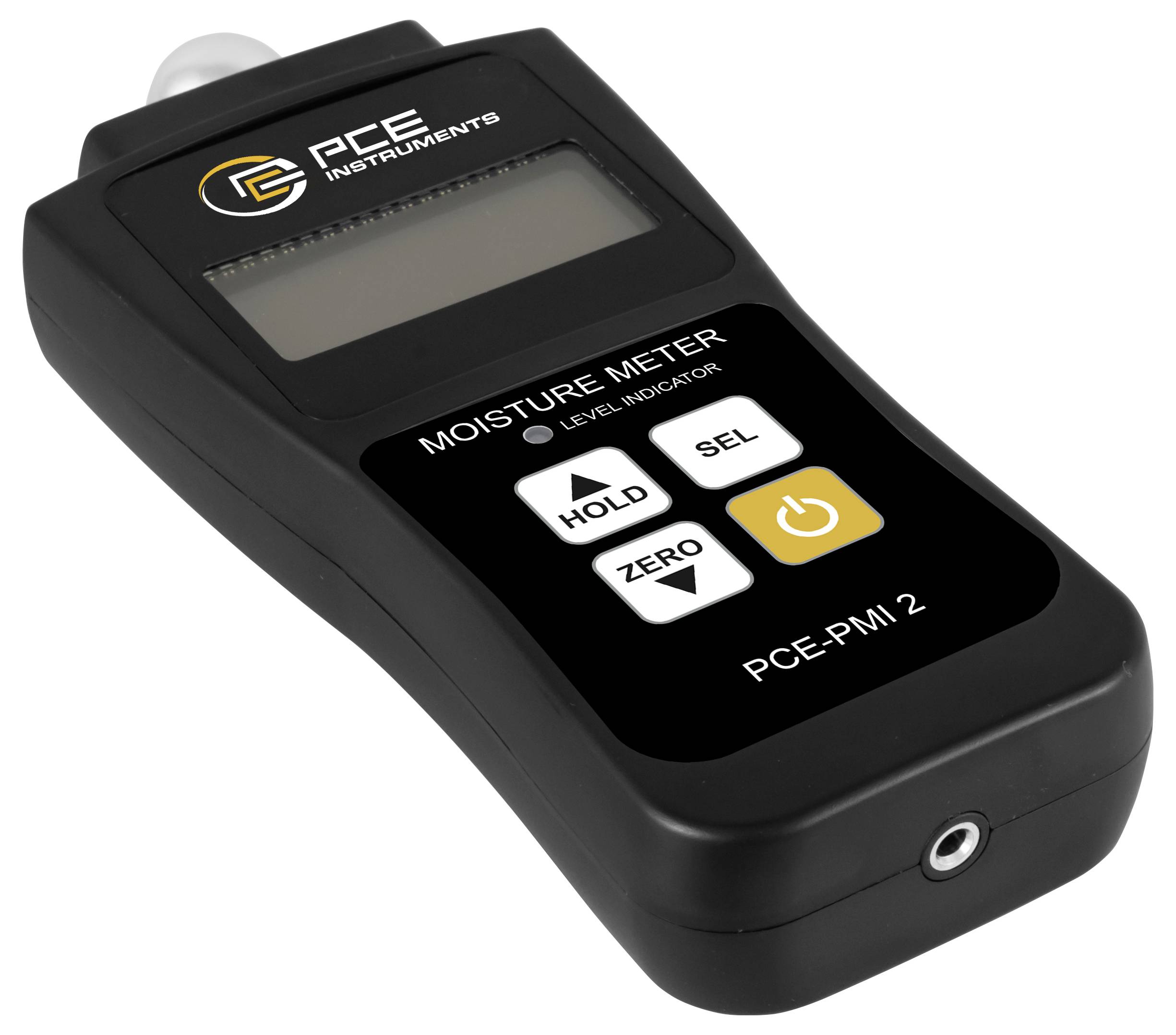 Tragbares Feuchtemessgerät von PCE Instruments mit LCD-Bildschirm und HOLD-, SEL-, ZERO- und Stromschaltern.
