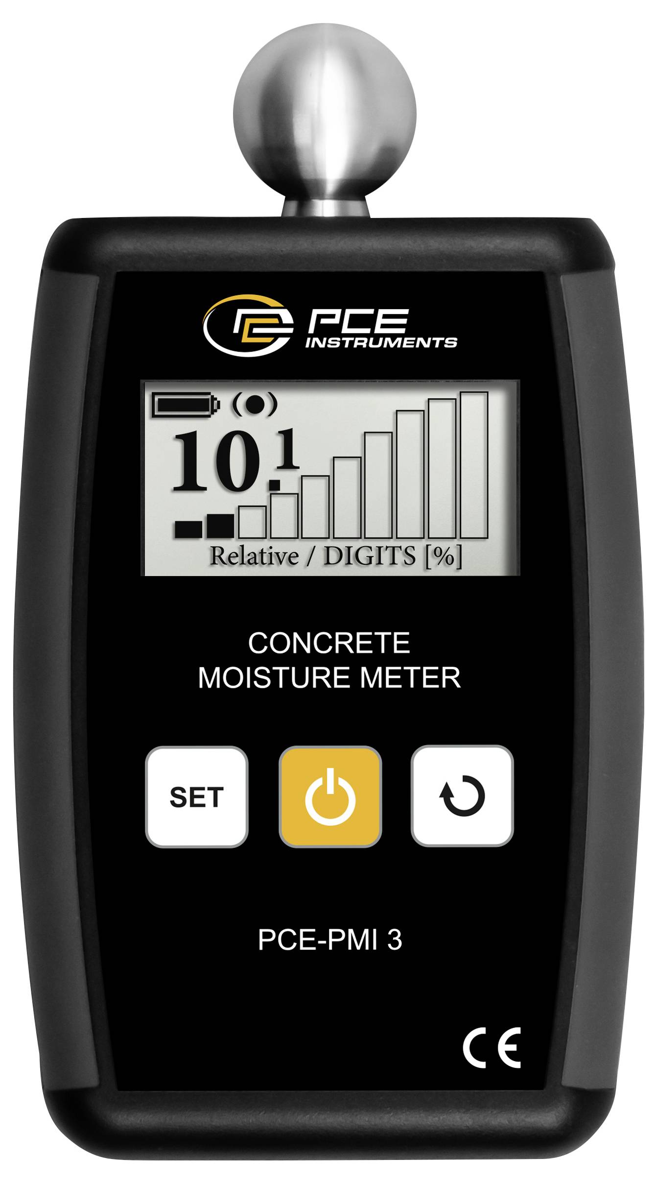 PCE Instruments Betonfeuchtemessgerät, Modell PCE-PMI 3, zeigt eine relative Feuchtemessung von 10,1% auf seinem Display.