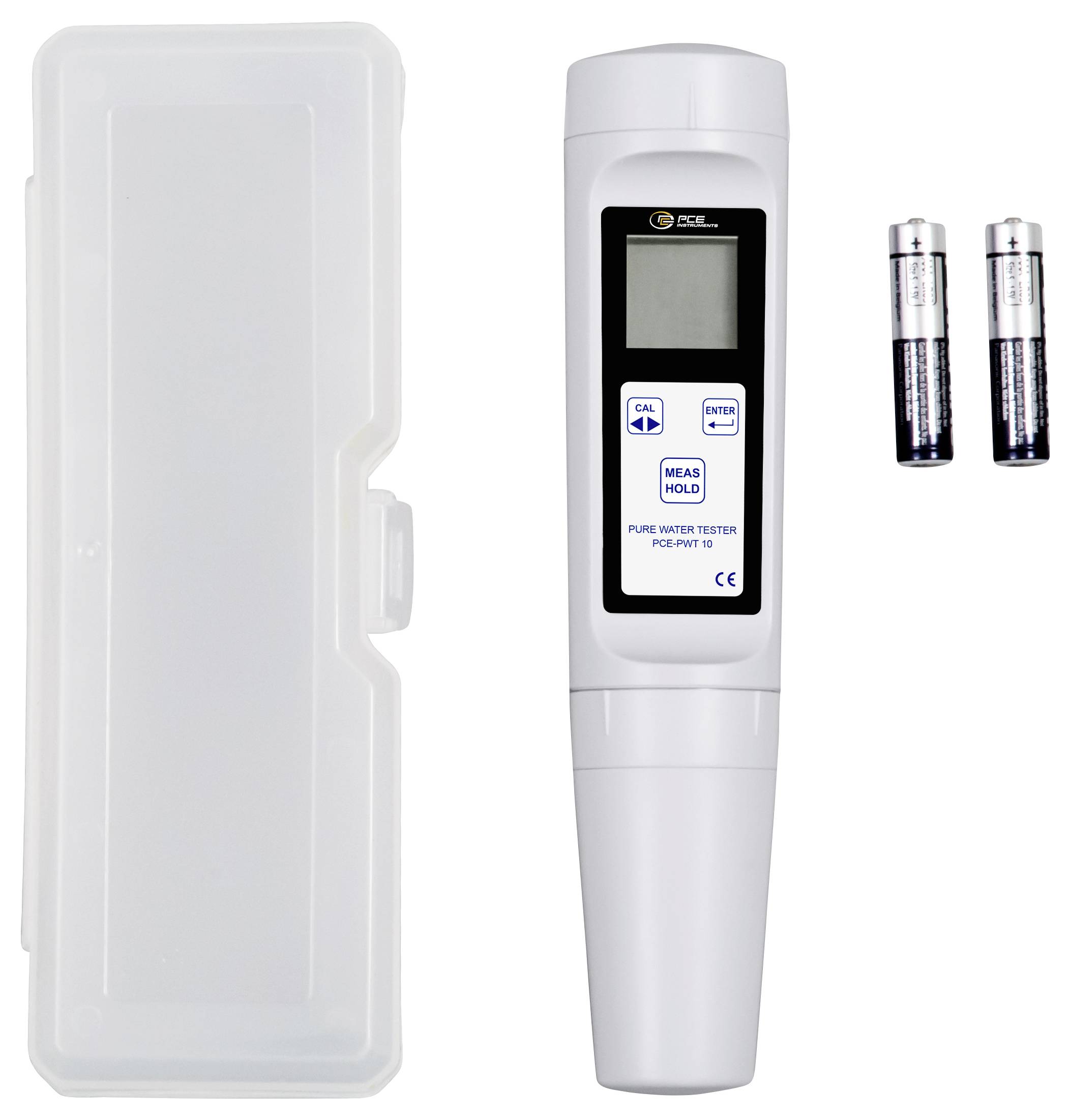 Tragbares Wassertestset mit tragbarem digitalen Messgerät, Schutzkoffer und zwei Batterien auf weißem Hintergrund.