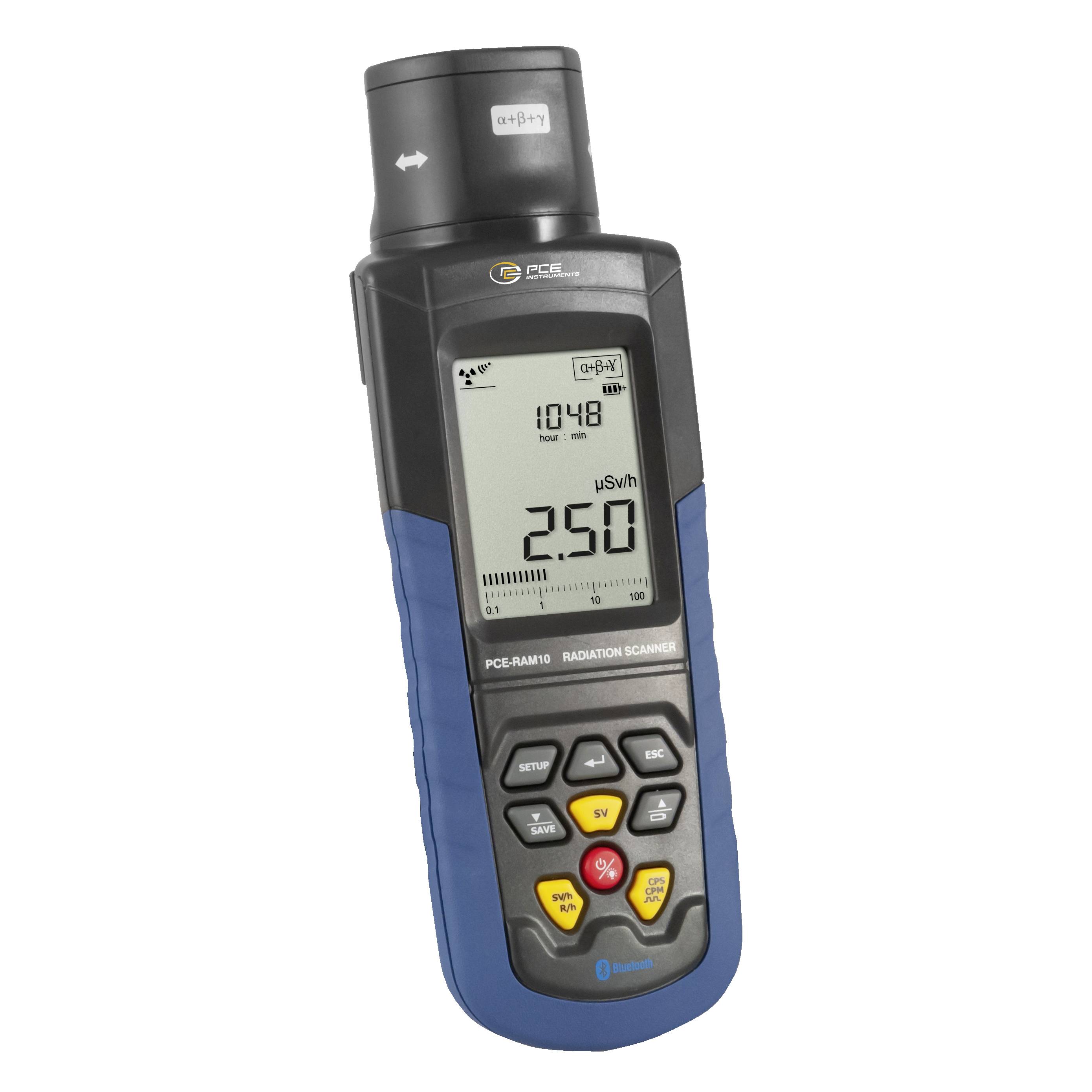 Tragbarer Strahlungsdetektor mit einer digitalen Anzeige von 2,50 µSv/h auf dem Display.