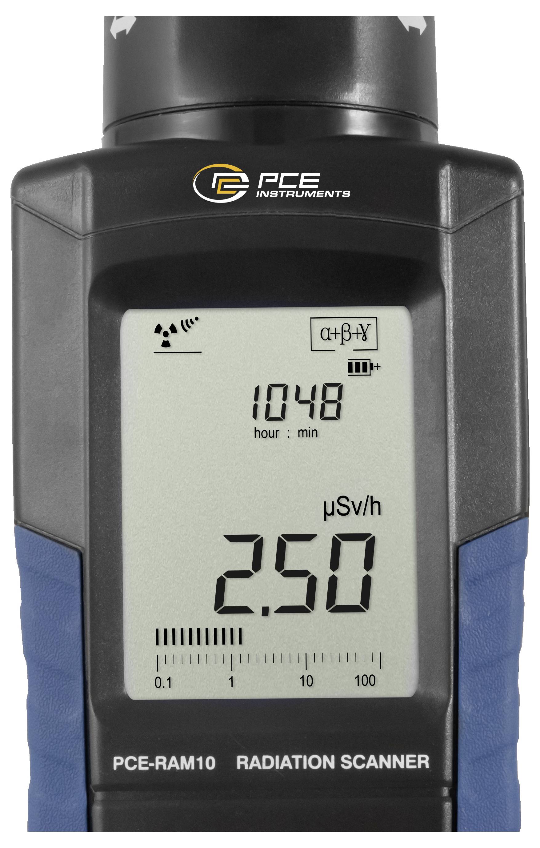 Tragbares PCE-Strahlungsmessgerät zeigt 2,50 µSv/h und 10:48 auf einem digitalen Display an.