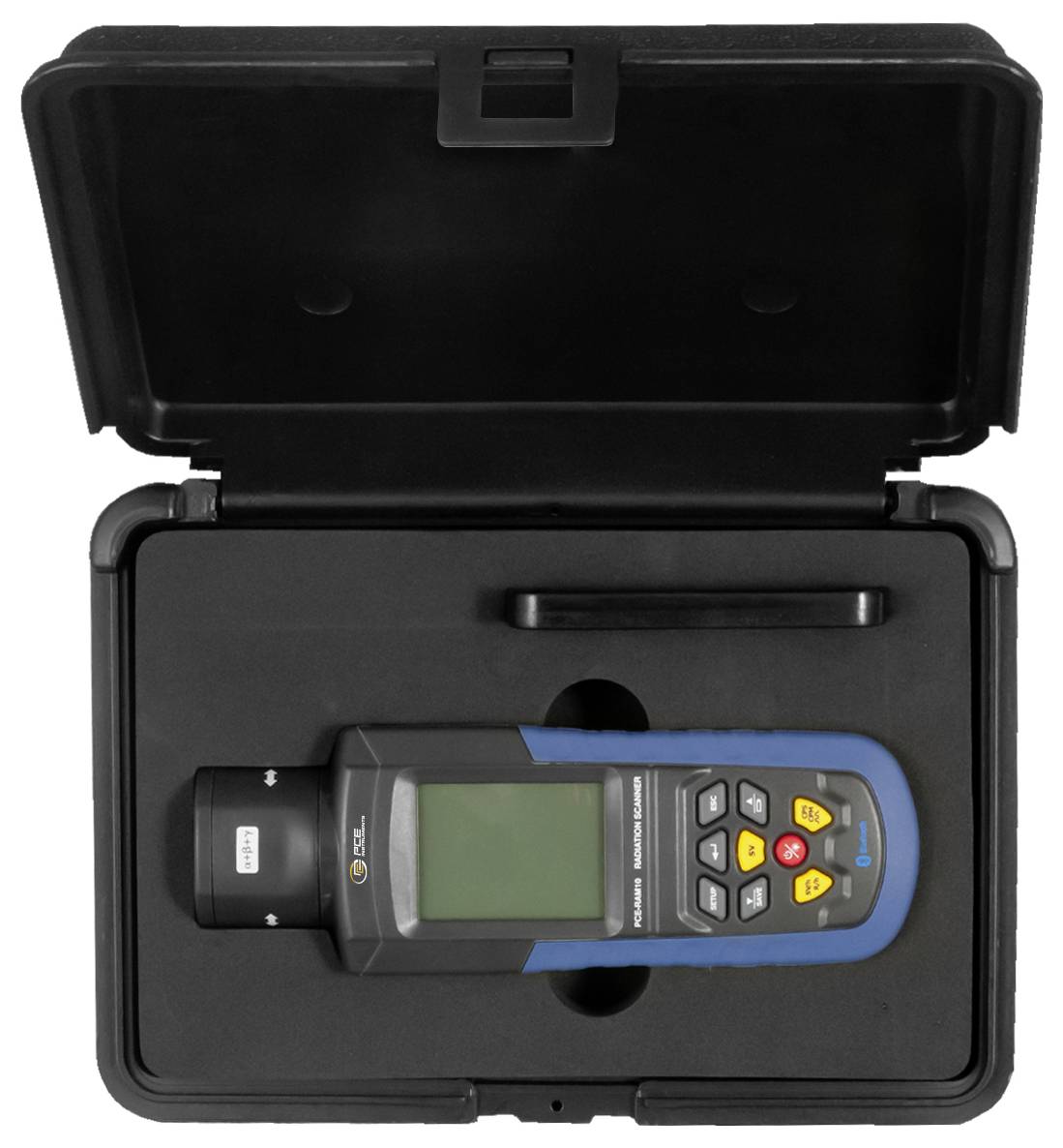 Tragbares digitales Messinstrument in einem schwarzen Tragekoffer mit geformter Schaumstoffeinlage und geöffnetem Deckel.