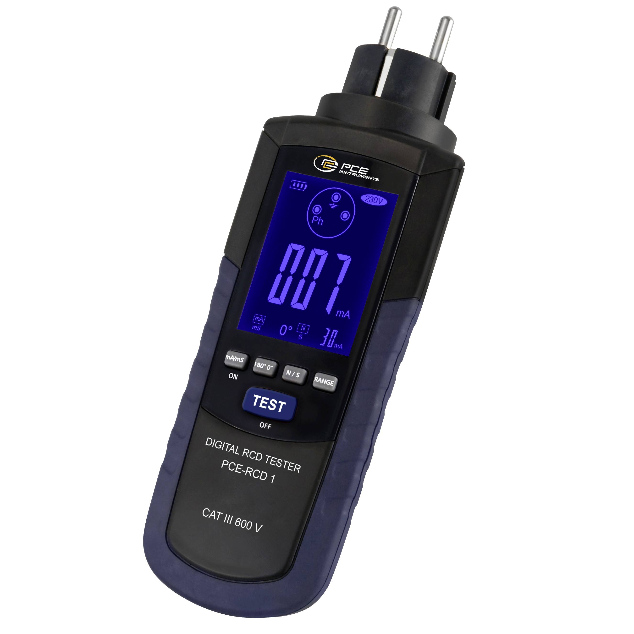 Tragbarer digitaler RCD-Prüfer mit Steckvorrichtungen, blauem Hintergrundlicht und Anzeige von 007 mA und TEST-Taste.