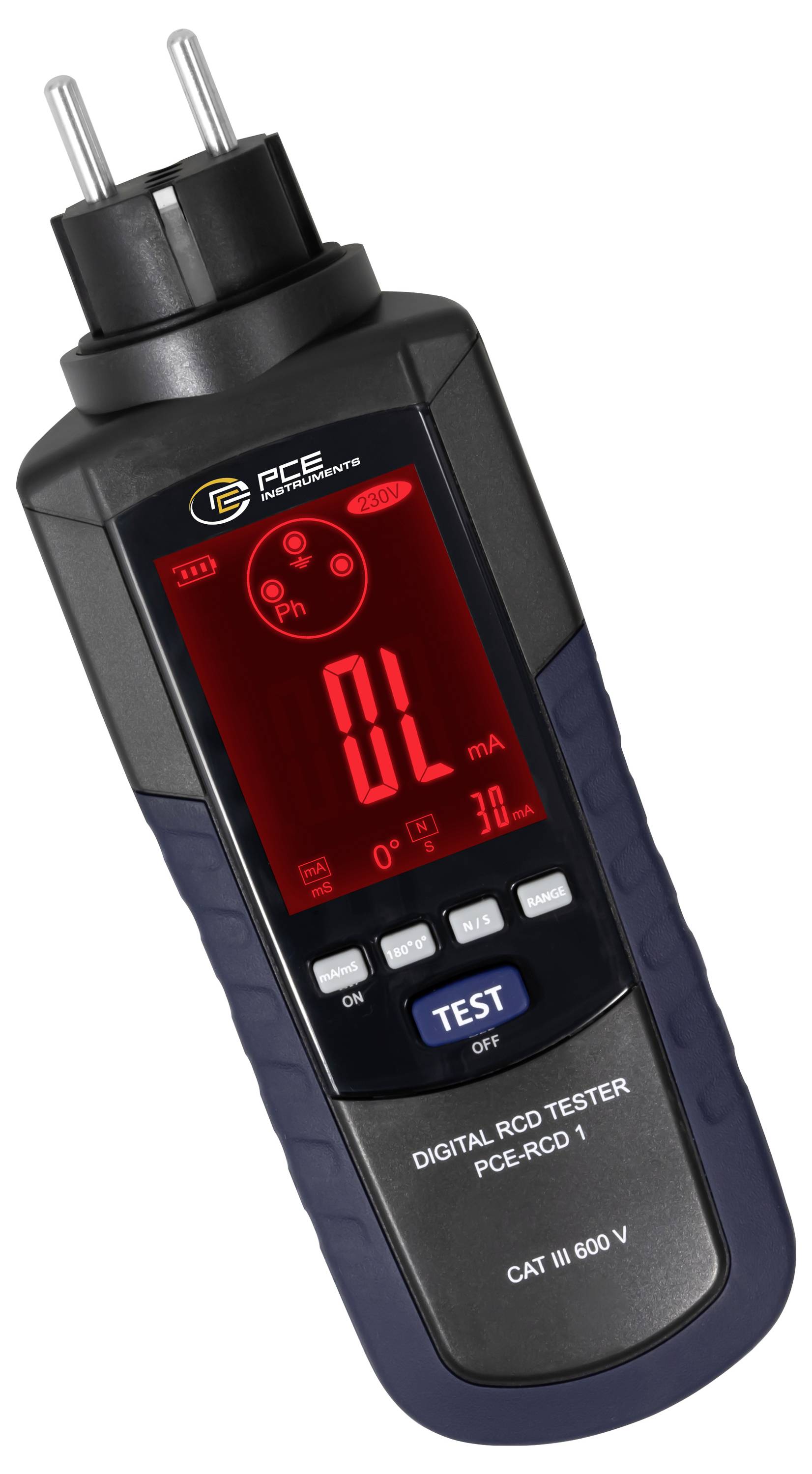 Tragbarer digitaler RCCB-Tester mit rotem Display, das „OL mA
