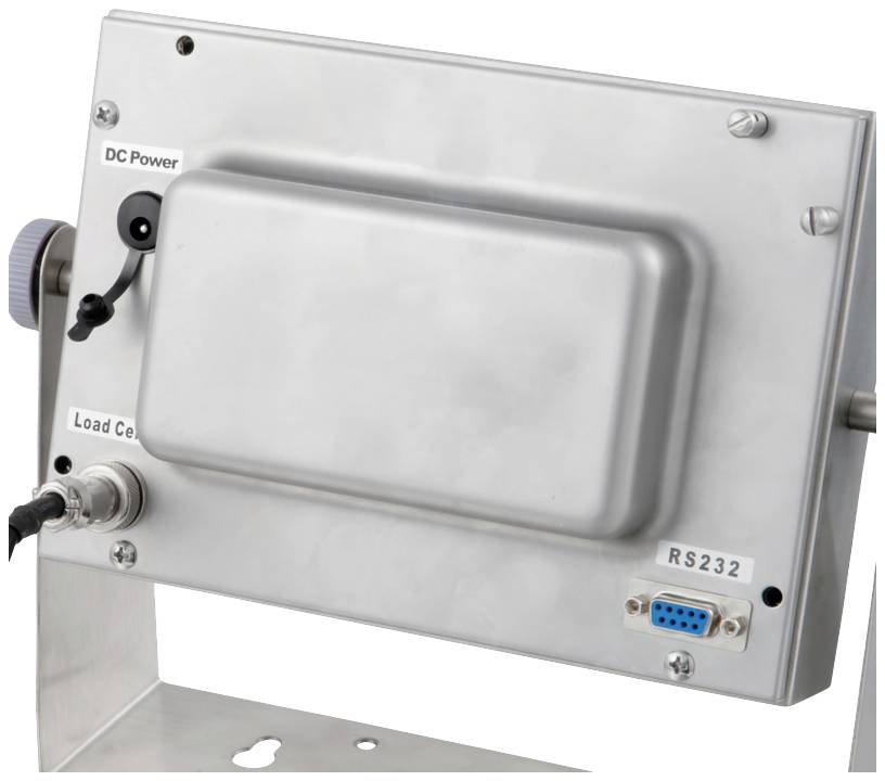 Ein Gerät in einem Metallgehäuse mit Anschlüssen für 'DC Power', 'Load Cell' und 'RS232'. Verwendet für industrielle oder technische Anwendungen.