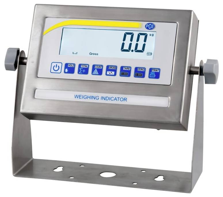 Digitale Wiegeanzeige mit Anzeige '0,0 kg', Steuertasten und metallischer Befestigungshalterung.