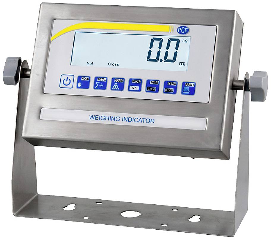 Anzeige für ein Wägesystem mit digitalem Bildschirm, zeigt '0,0 kg' an. Edelstahlgehäuse mit Knöpfen zur Bedienung.
