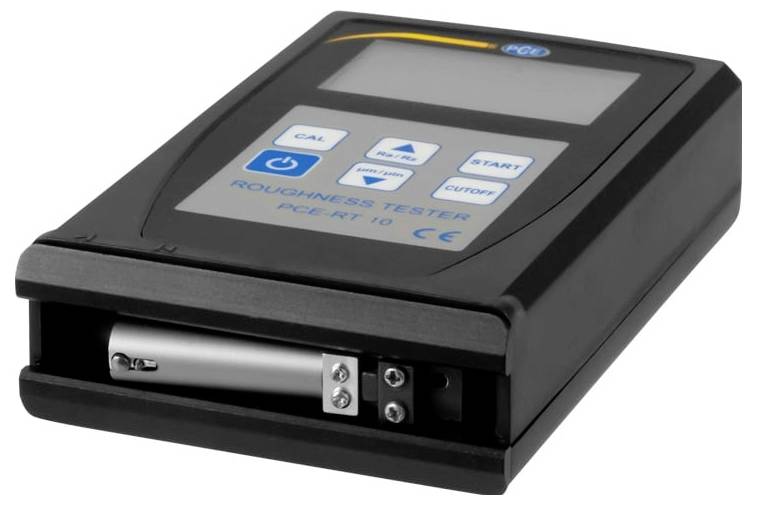 Tragbares Oberflächenrauheitsmessgerät mit Display und Steuertasten, zeigt eine Sonde/Zugangsöffnung an der Vorderseite.