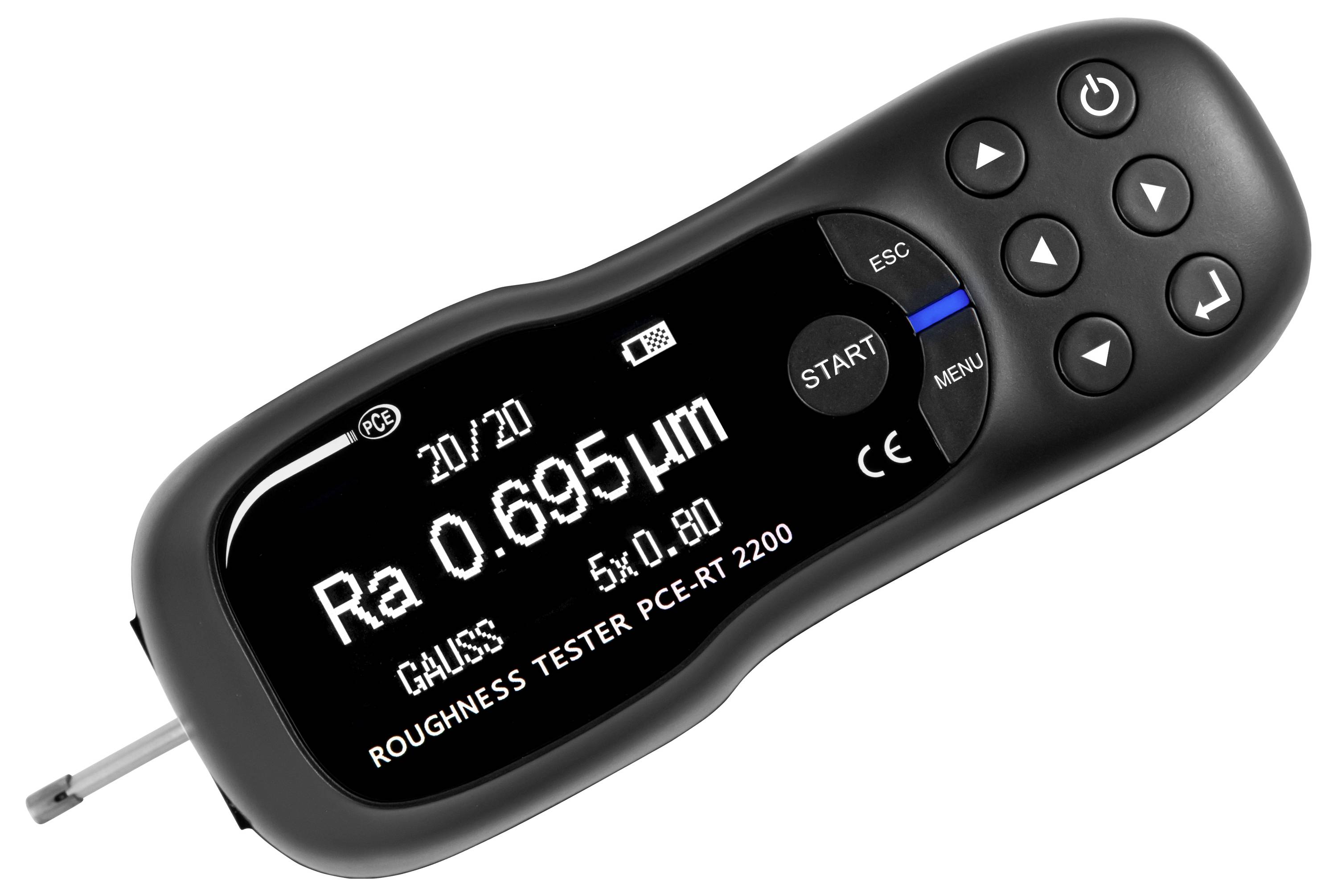 Tragbares Oberflächenrauheitsmessgerät mit digitalem Display, das einen Ra-Wert von 0,695 µm anzeigt, sowie Menü- und Navigationstasten auf weißem Hintergrund.