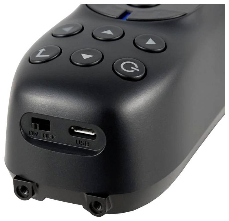 Schwarzes tragbares Fernbedienungsgerät mit Pfeiltasten, einer Stromtaste und einem Ein-/Ausschalter sowie USB-Anschluss an der Vorderseite.