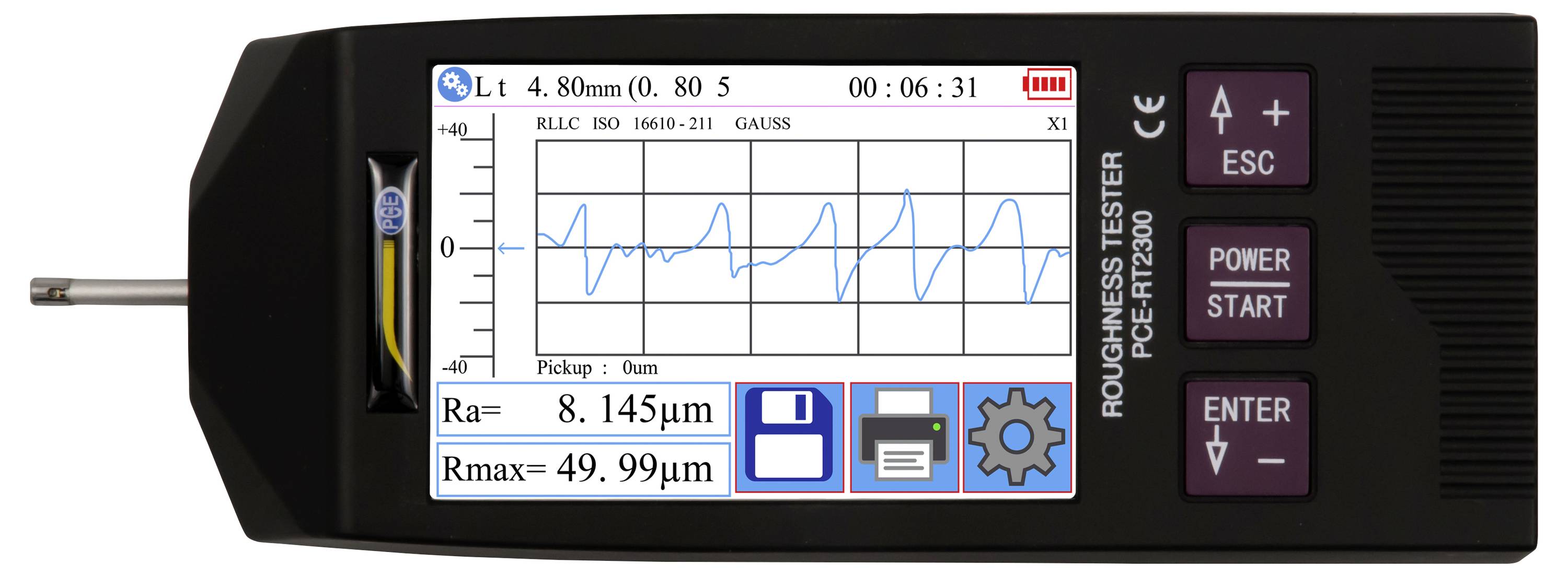 Digitales Rauheitsprüfgerät mit blauem Profildiagramm und Messwerten Ra 8,145 µm und Rmax 49,99 µm, mit Start-, Enter- und ESC-Tasten.