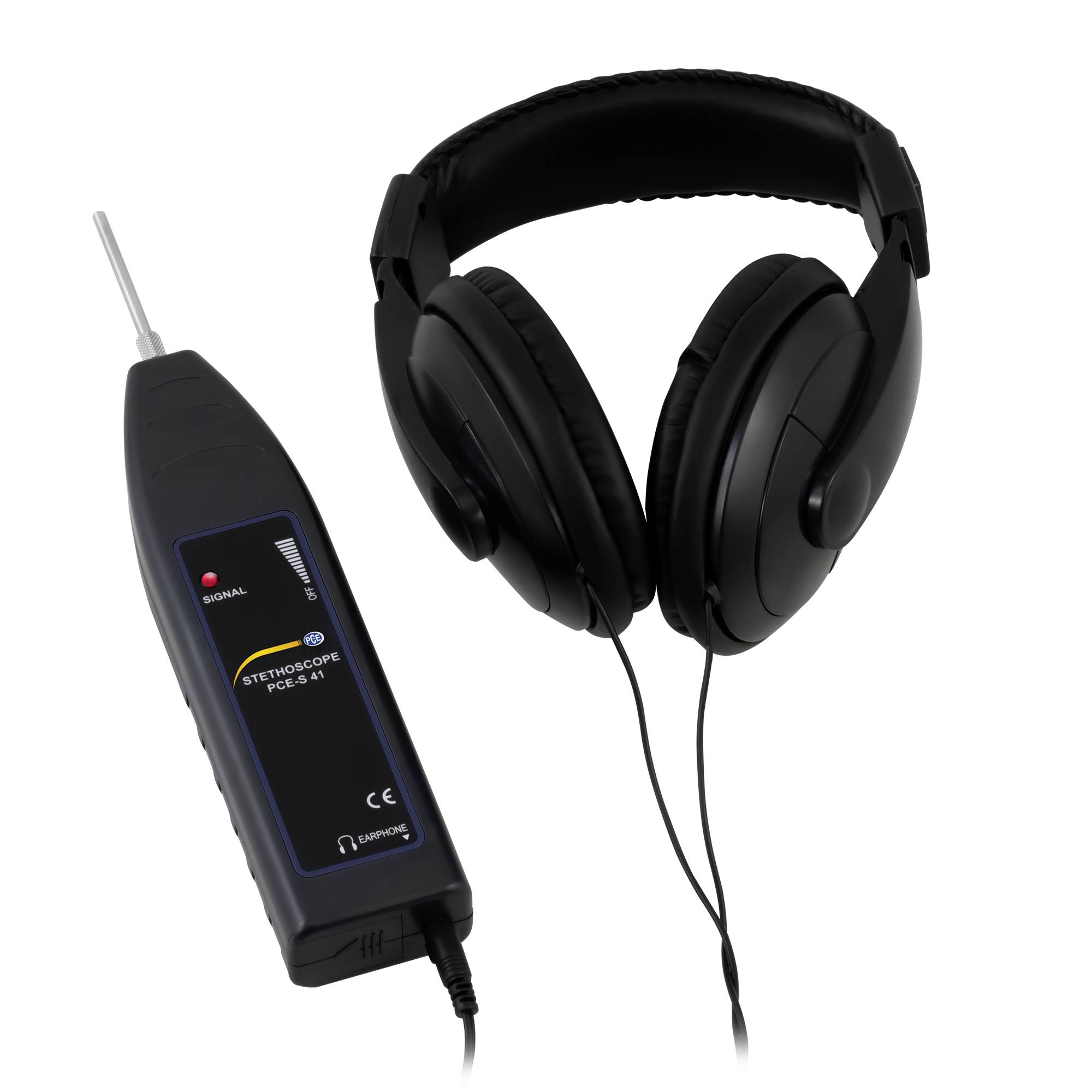 Schwarze Over-Ear-Kopfhörer verbunden durch ein Kabel mit einem tragbaren elektronischen Stethoskop-Gerät mit Sonde und Anzeigelicht auf weißem Hintergrund.