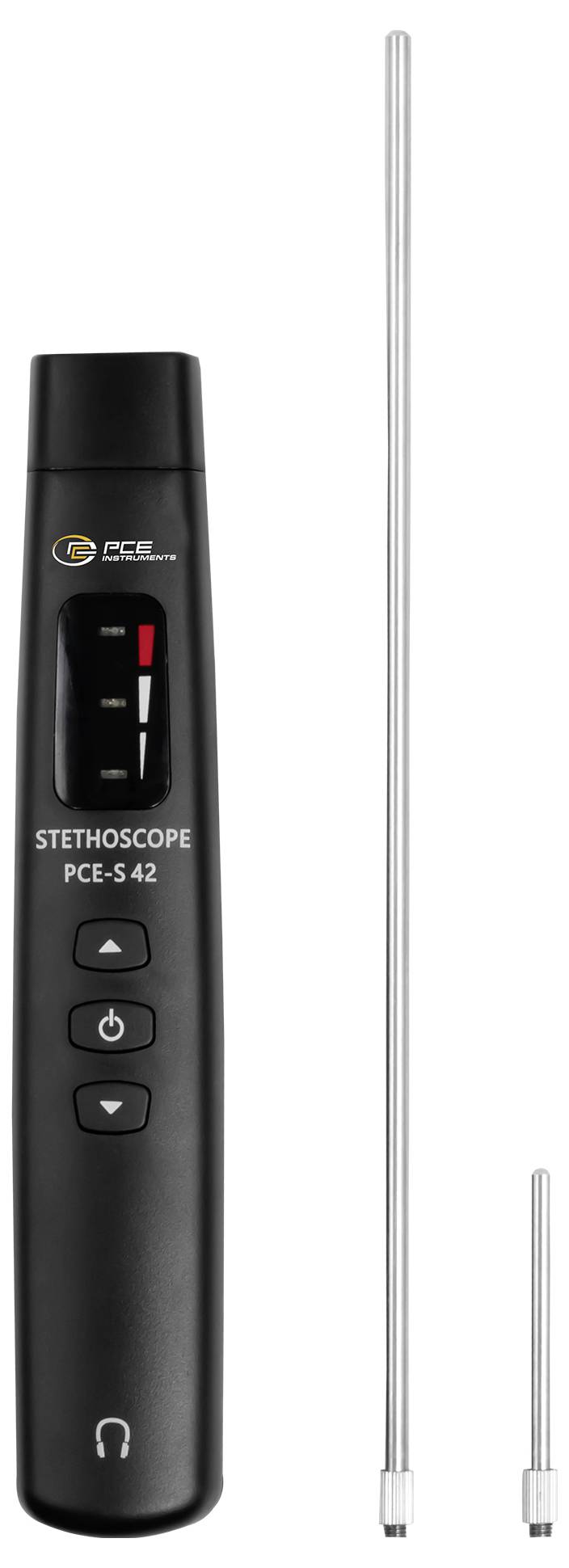 Schwarzes PCE-S 42 Stethoskop-Gerät mit drei Tasten-Bedienelementen und Display, gezeigt neben zwei Metallsonden-Aufsätzen auf weißem Hintergrund.