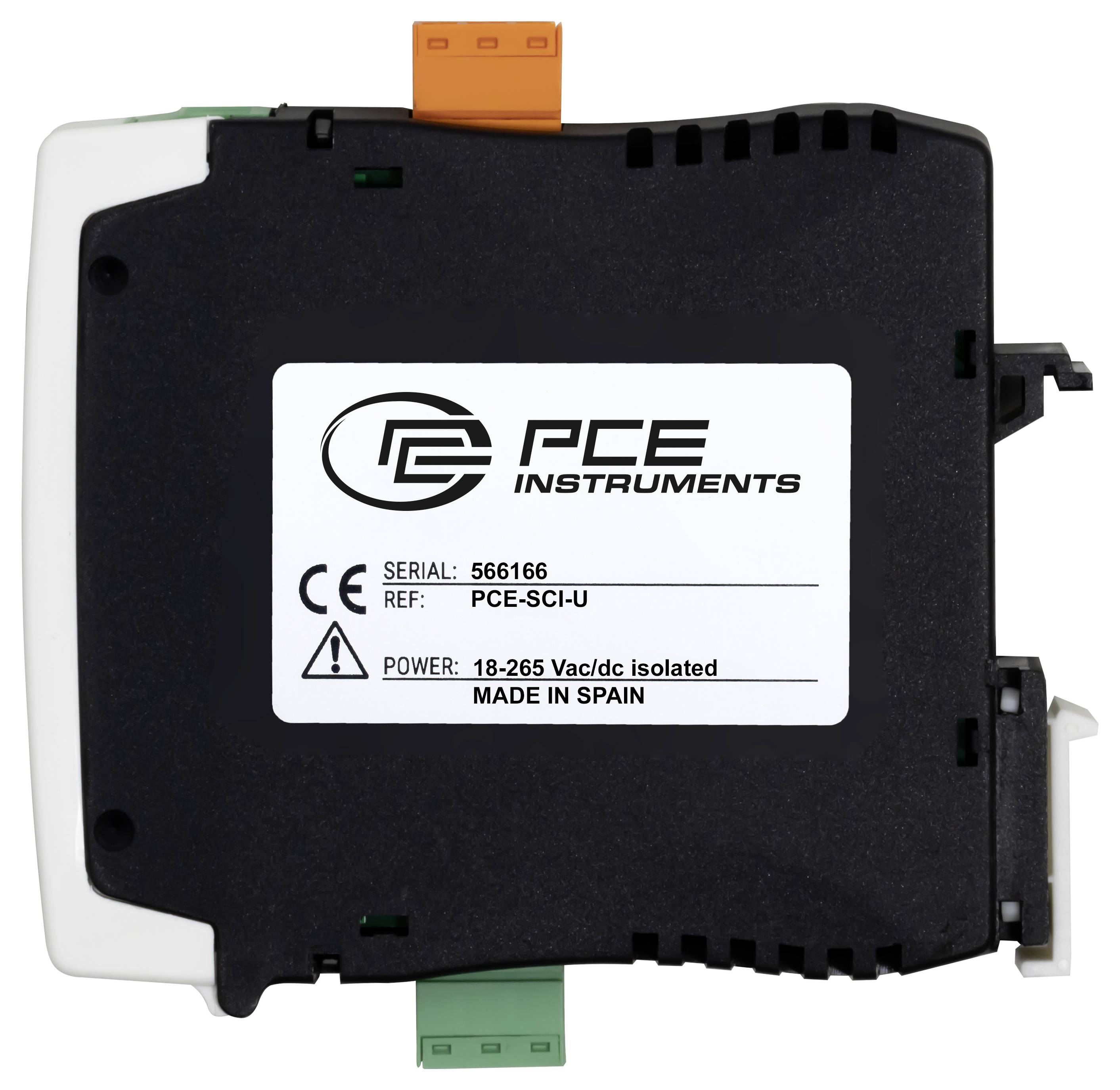Schwarzes PCE-Instrumentenschnittstellenmodul mit orangem oberen Stecker und grünem unteren Stecker, gekennzeichnet mit „PCE-SCI-U