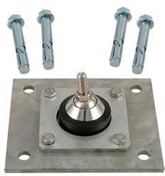 Vier blau-silberne Schrauben und eine Metallbefestigung mit kugelförmigem Element in der Mitte, auf einem grauen Hintergrund.