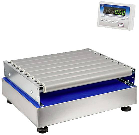 Elektronische Rollwagenwaage mit digitalem Display. Waage hat Rollen auf der Oberfläche und ist aus Metall gefertigt.