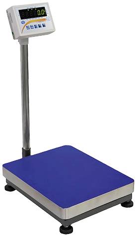 Digitale Plattformwaage mit blauem Wiegeteller und LED-Anzeige auf Stange darüber.