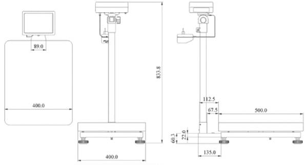 Ein technisches Diagramm zeigt die Seiten- und Frontalansicht einer elektronischen Waage mit genauen Maßangaben in Millimetern.