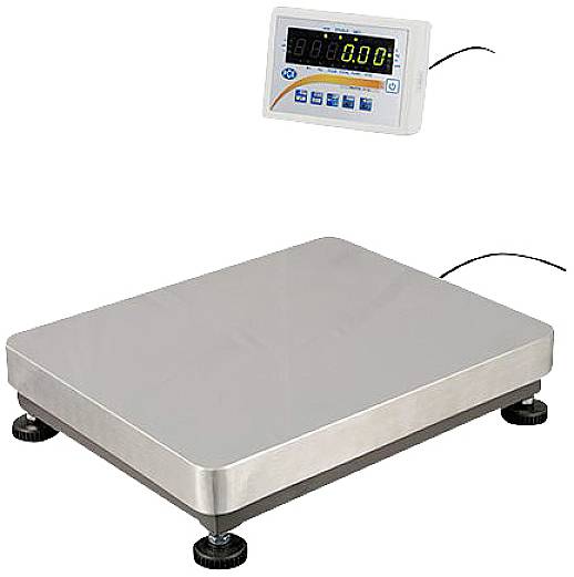 Eine elektronische Waage mit digitalem Display, das '0.00' anzeigt. Die Waage hat eine rechteckige, metallische Plattform und ist mit dem Display verbunden.