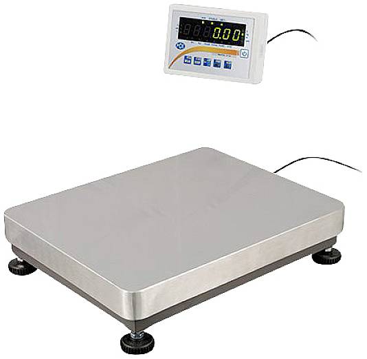 Eine elektronische Waage mit digitalem Display zeigt '0.00' an. Die Plattform ist aus Metall und befindet sich auf verstellbaren Füßen.