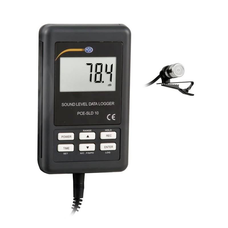 Tragbarer Schallpegel-Datenlogger mit einem Messwert von 78,4 dB und angebrachtem Clip-Mikrofon.