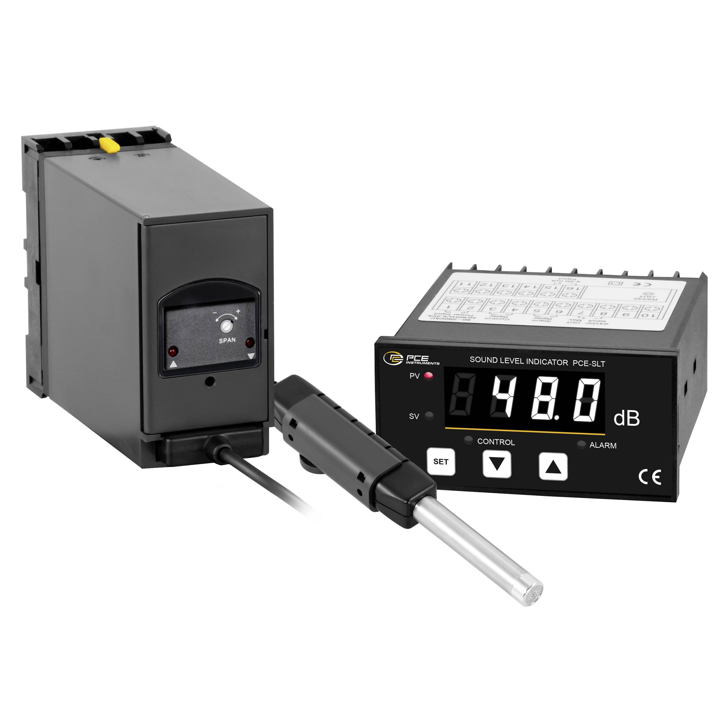 Industrieller Schallpegelmonitor mit digitalem Display, das 48,0 dB anzeigt, und einem angeschlossenen Messsonde-Sensormodul.