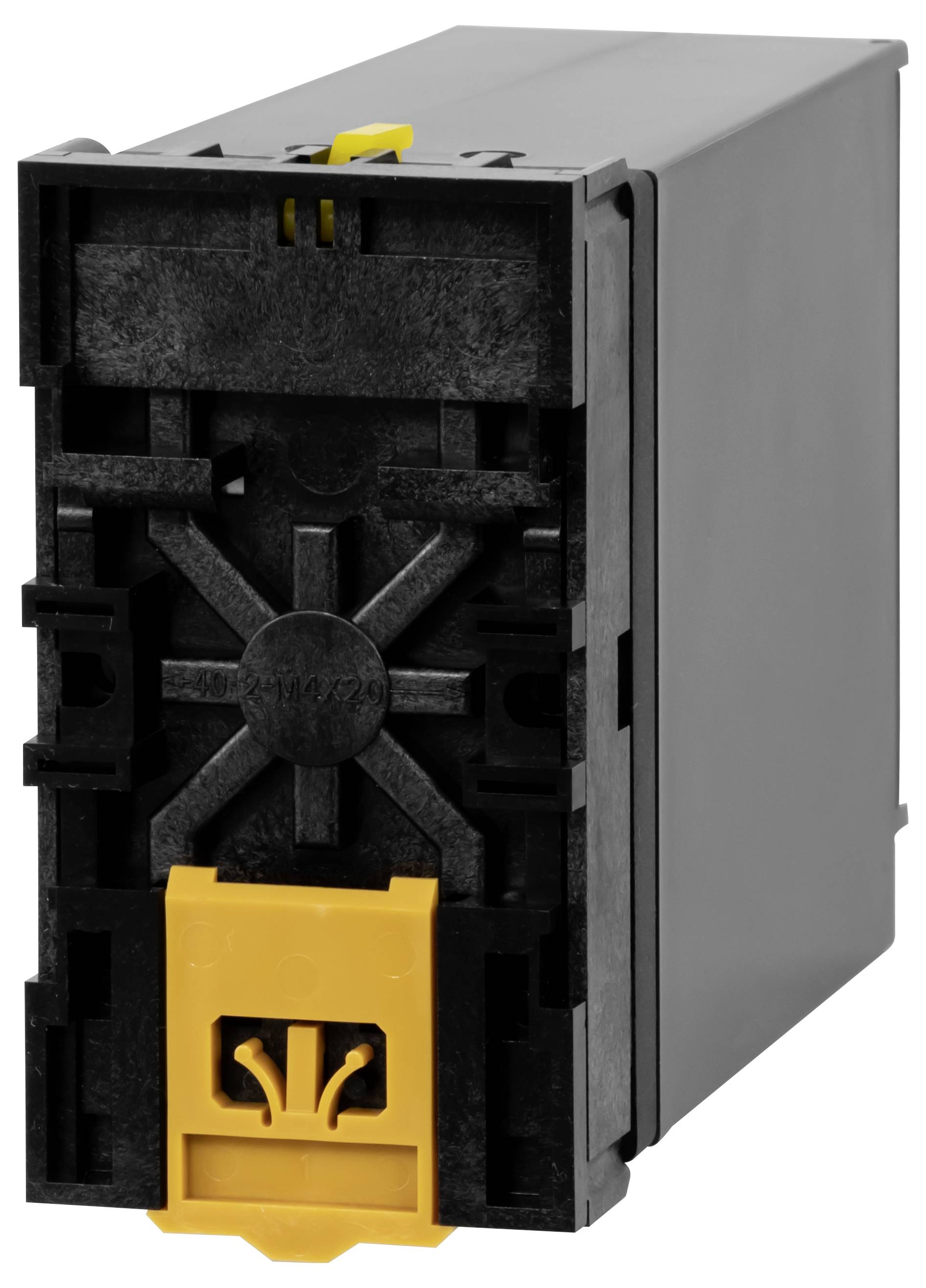 Nahaufnahme eines schwarzen elektronischen Moduls mit einer gelben vorderen Verriegelung, von vorne und von der Seite auf weißem Hintergrund gezeigt.