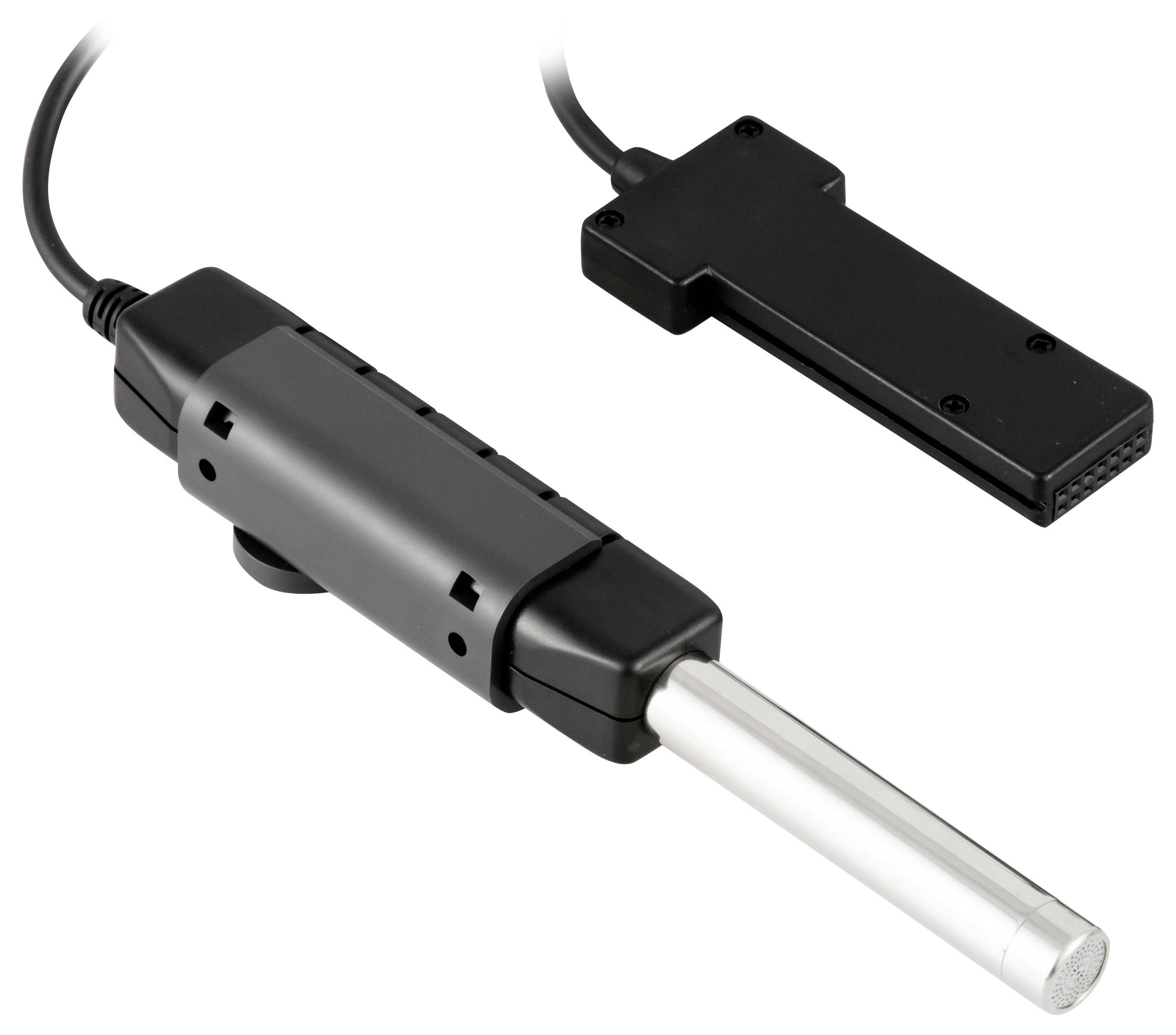 Zwei verbundene schwarze Kunststoff-Elektronik-Messfühler mit Kabeln, einer mit einer durchsichtigen zylindrischen Spitze, auf weißem Hintergrund gezeigt.