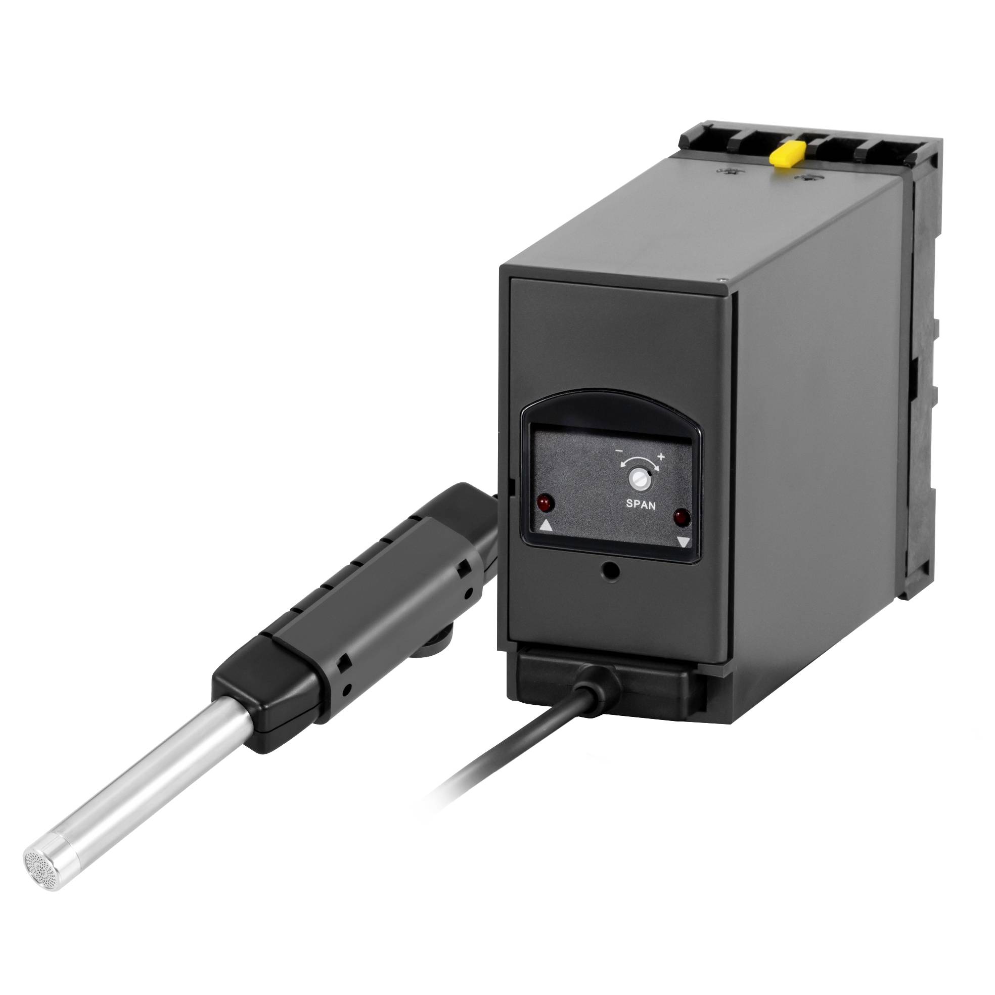 Industrielles Gasdetektor-Modul mit angebrachtem Probensensor und Kabel auf weißem Hintergrund.