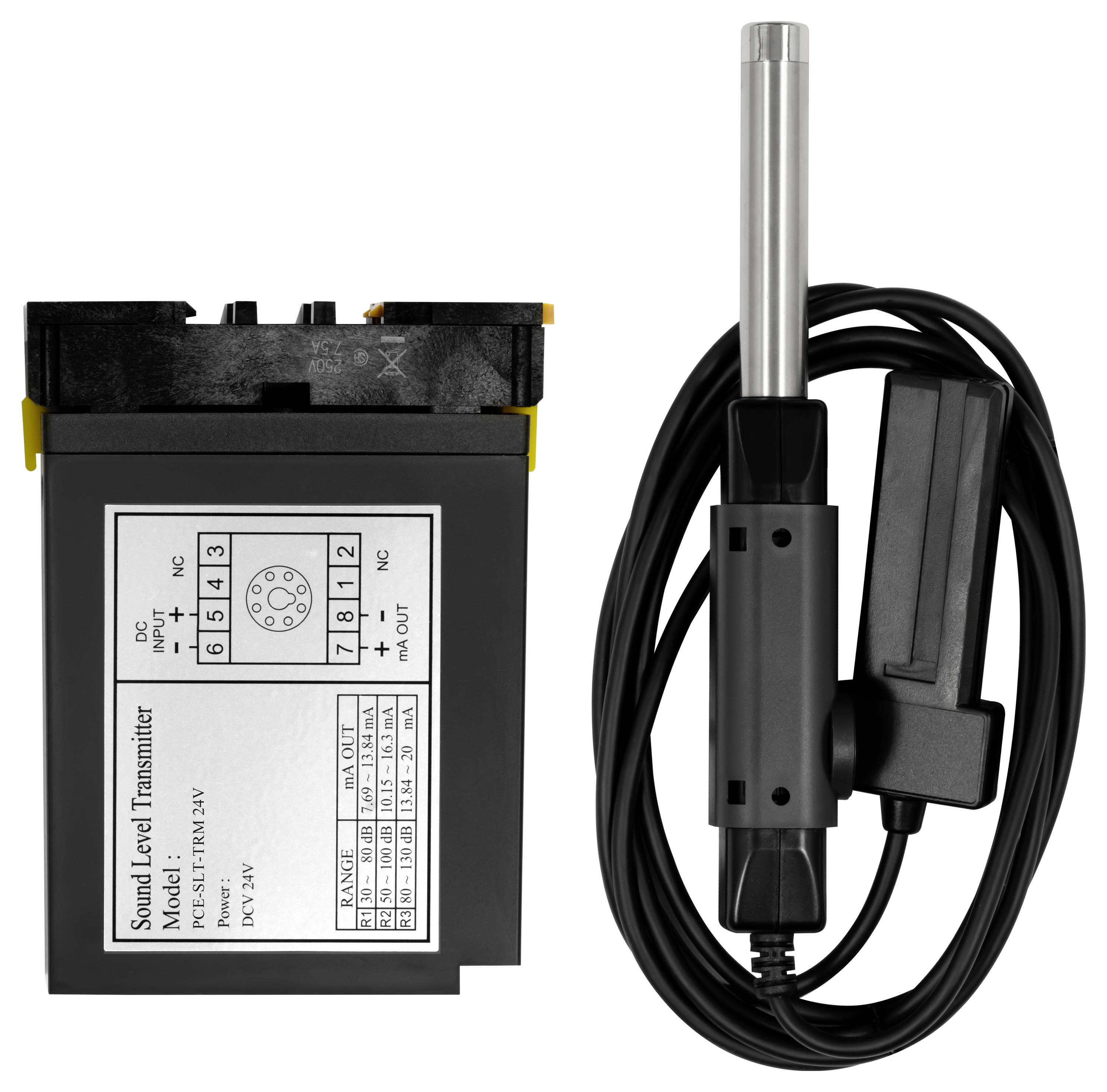 Ein Schallpegeltransmitter und seine Sonde mit Spiralkabel, dargestellt als Produktbild auf weißem Hintergrund.