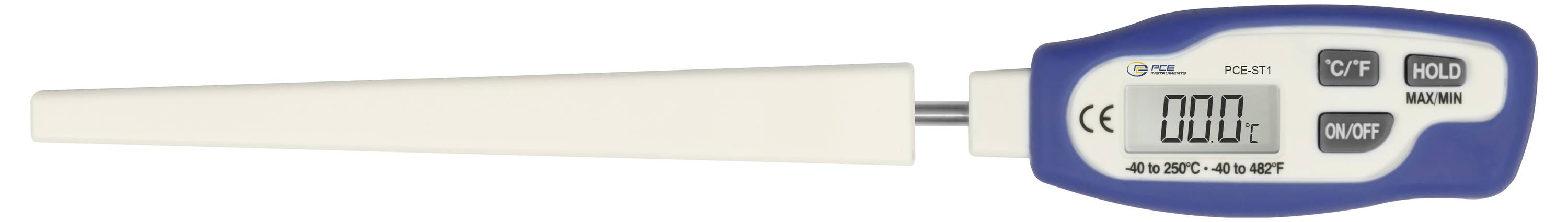 Digitales Thermometer mit langer Sonde und LCD-Display, das 000.0 anzeigt, mit C/F- und Hold-Tasten am blauen Griff.