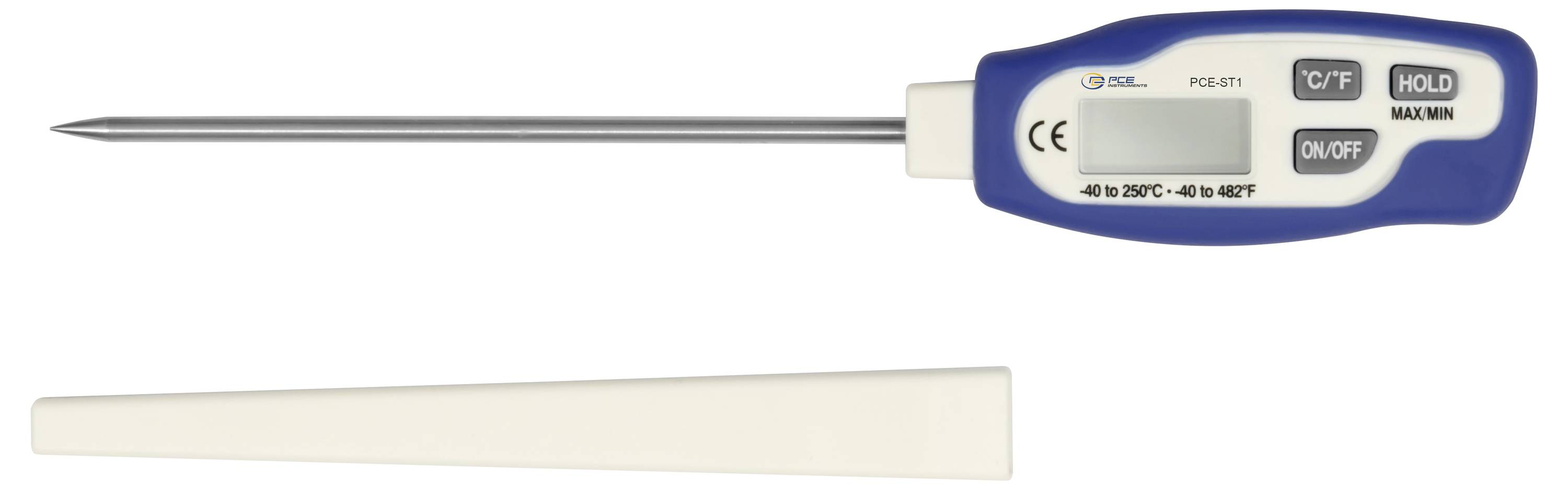 Digitales Thermometer mit Edelstahl-Messfühler und blauem Griff, mit Temperaturanzeige sowie Tasten für °C/°F, Hold und Ein-/Aus.