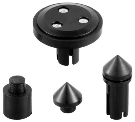 Vier schwarze Kunststofffastener auf weißem Hintergrund: eine runde Dreiloch-Klammer, eine kurze Gewindelkappe, eine kleine Kegelkappe und ein hohes spitzes Verschlussstöpsel.