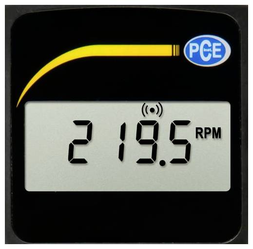 Digitales Drehzahlmesserdisplay zeigt 219,5 U/min mit Funksignalsymbol und PCE-Logo