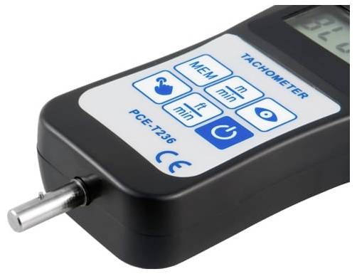 Tragbares digitales Drehzahlmessgerät mit vorstehendem Metallsensor, gekennzeichnet mit „TACHOMETER