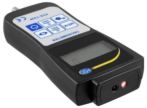 Tragbares Drehzahlmessgerät mit LCD-Anzeige und Tastensteuerung, mit einem Sensor/Licht an der Vorderseite zur Messung der Rotationsgeschwindigkeit.
