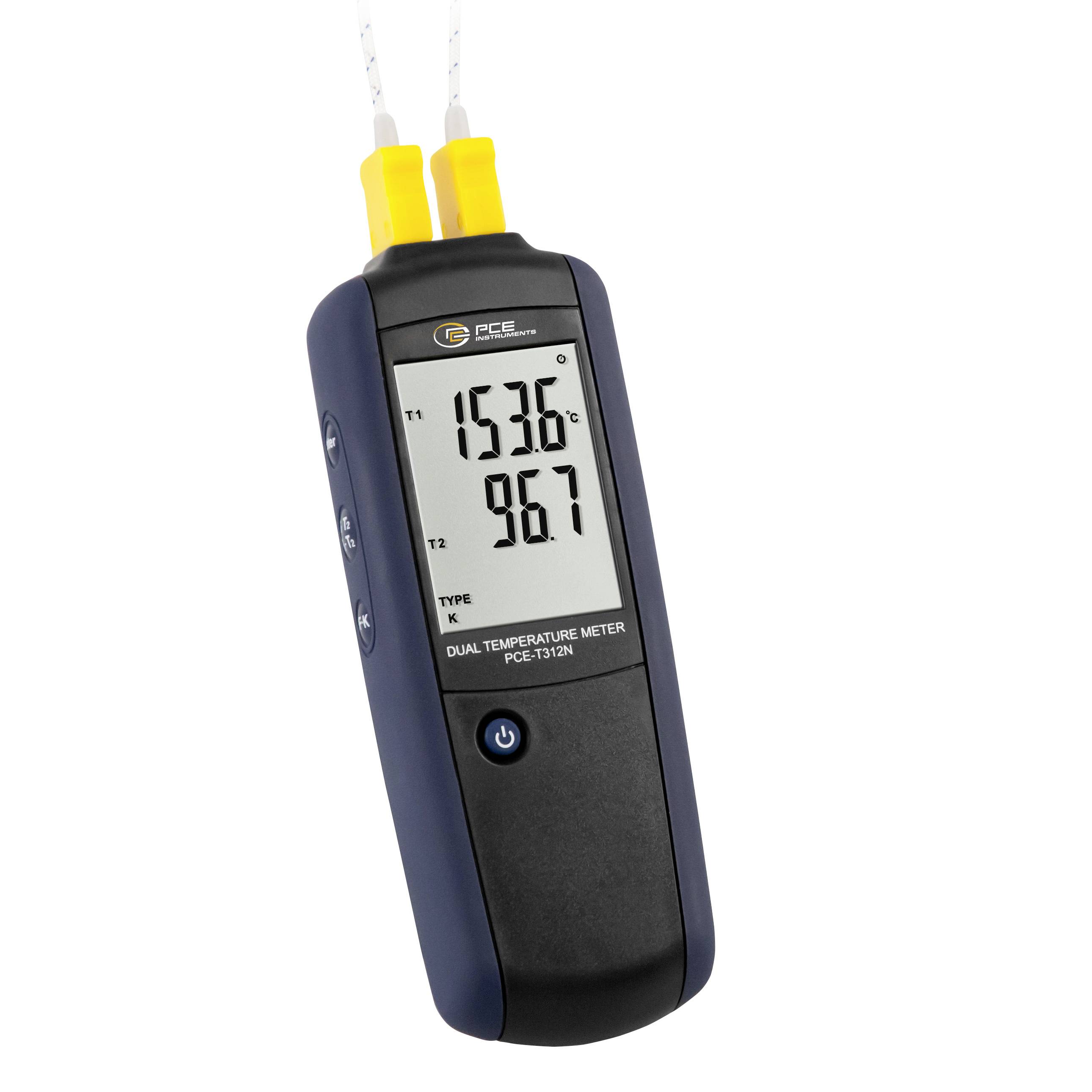 Tragbares Dual-Thermometer mit zwei Sonden, zeigt 153,6°C und 96,7 auf einem digitalen Display.