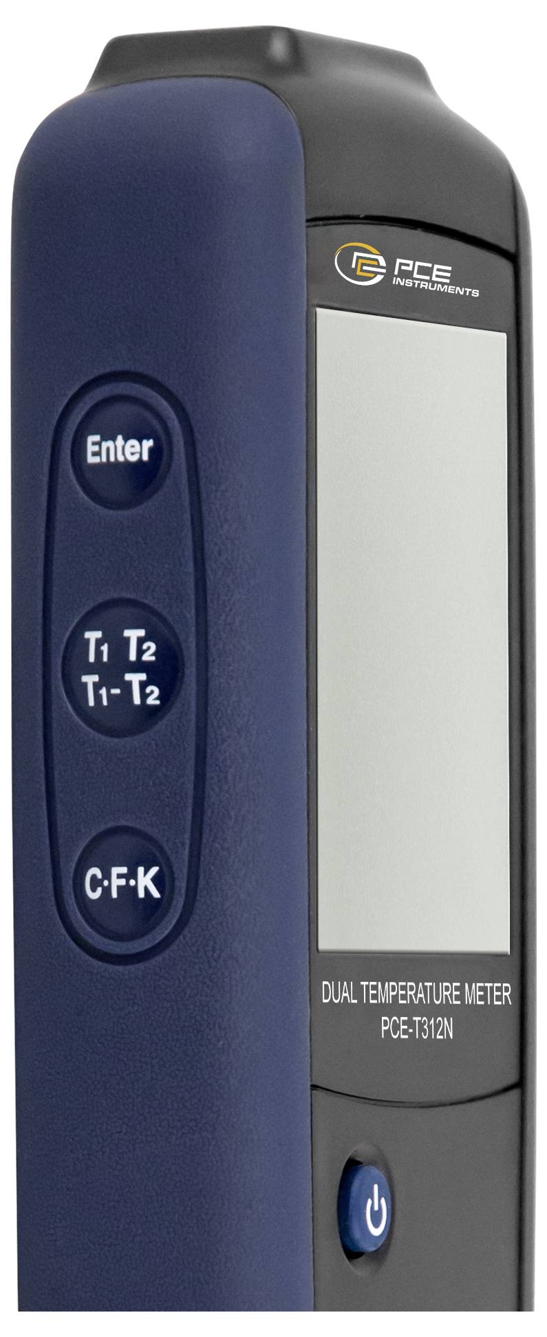 Handheld-Doppelthermometer von PCE Instruments, Modell PCE-T312N, mit großem Display und Tasten für Enter, T1/T2 und Stromversorgung.