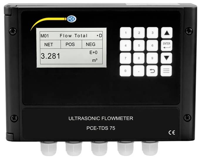 Schwarzes PCE TDS 75 Ultraschall-Durchflussmessgerät mit Display, das „Flow Total