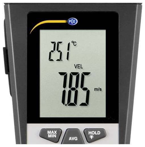 Digitales Anemometer-Display mit einer Anzeige von 25,1°C und Windgeschwindigkeit VEL 7,85 m/s, mit sichtbaren Tasten für MAX/MIN, AVG und HOLD.