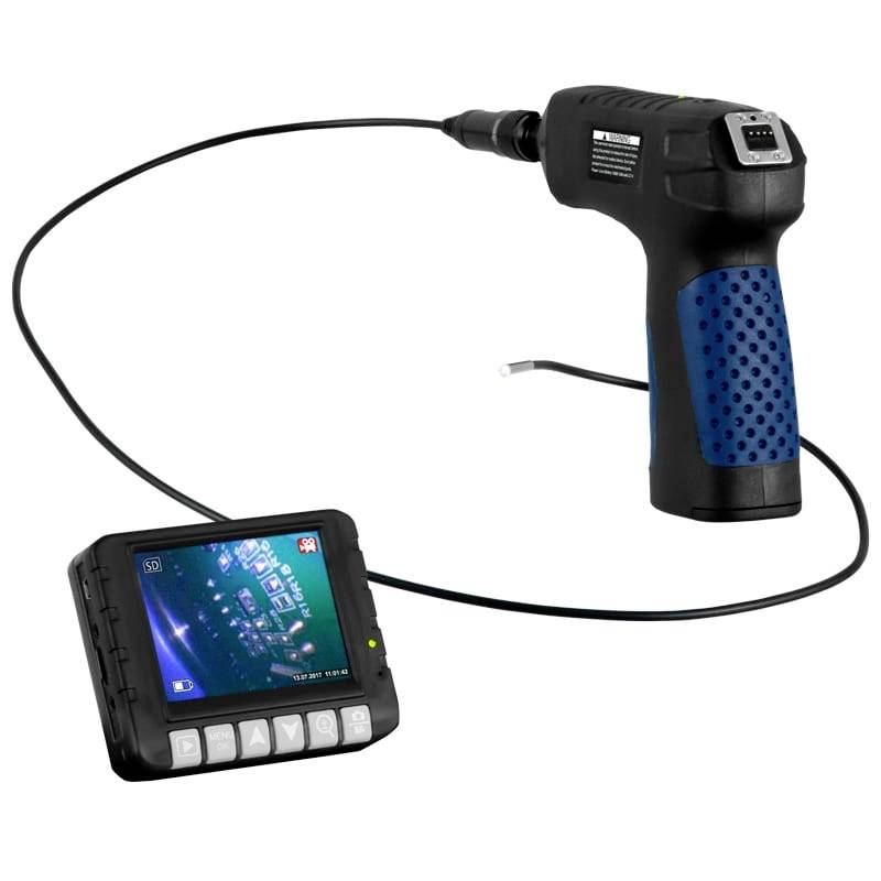 Tragbare Inspektionskamera mit flexiblem Kabel, das mit einem kleinen Monitorbildschirm verbunden ist