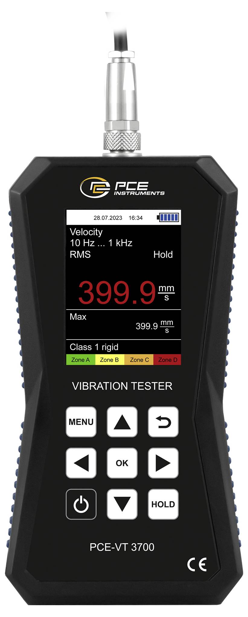 Tragbarer PCE-Vibrationsprüfer mit einer Live-Messung von 399,9 mm/s auf dem Display, mit Anzeigen für Maximum, Klasse und Hold.