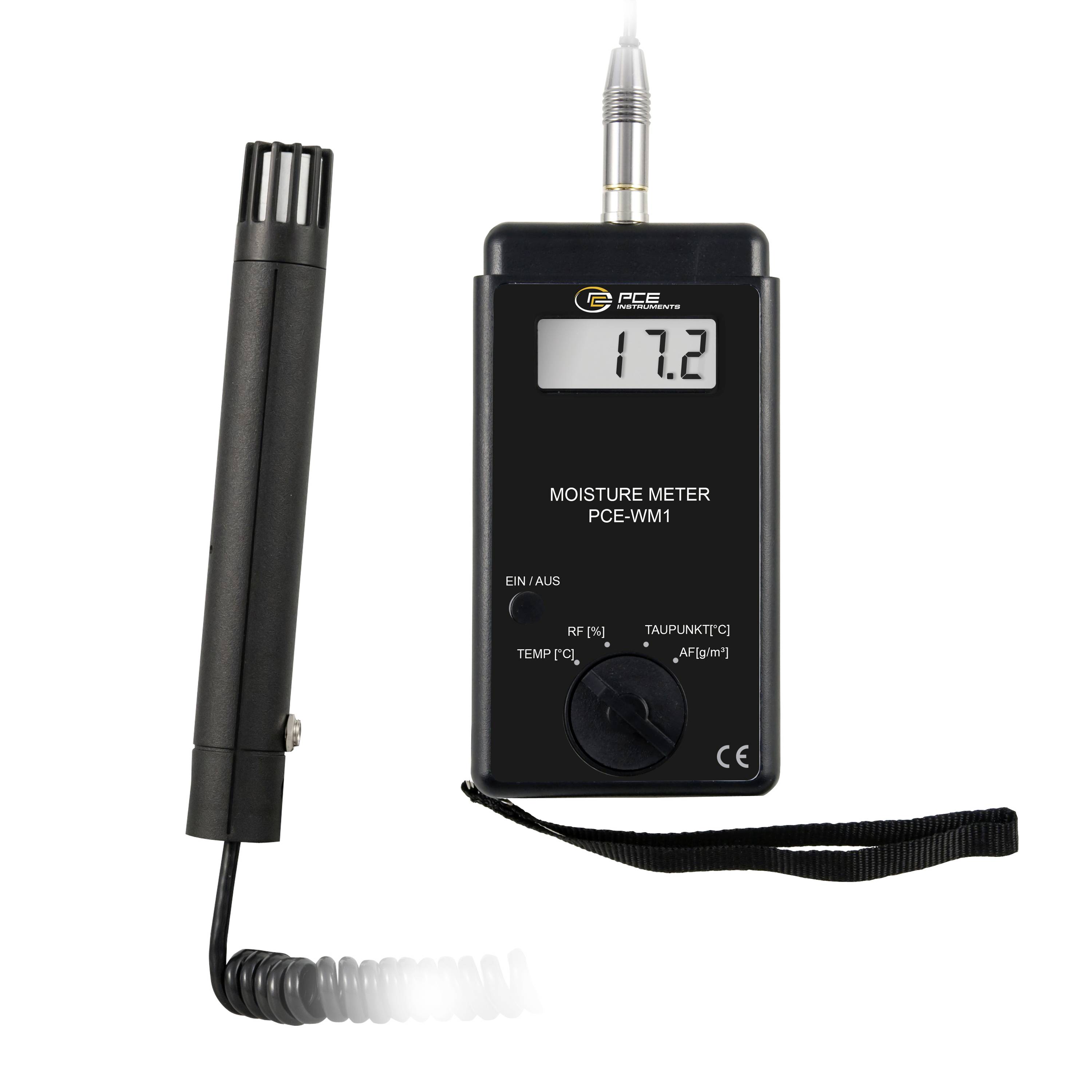 Tragbares PCE-Feuchtemessgerät mit separater Sonde, LCD-Anzeige 17,2 und Handgelenkschlaufe auf weißem Hintergrund.