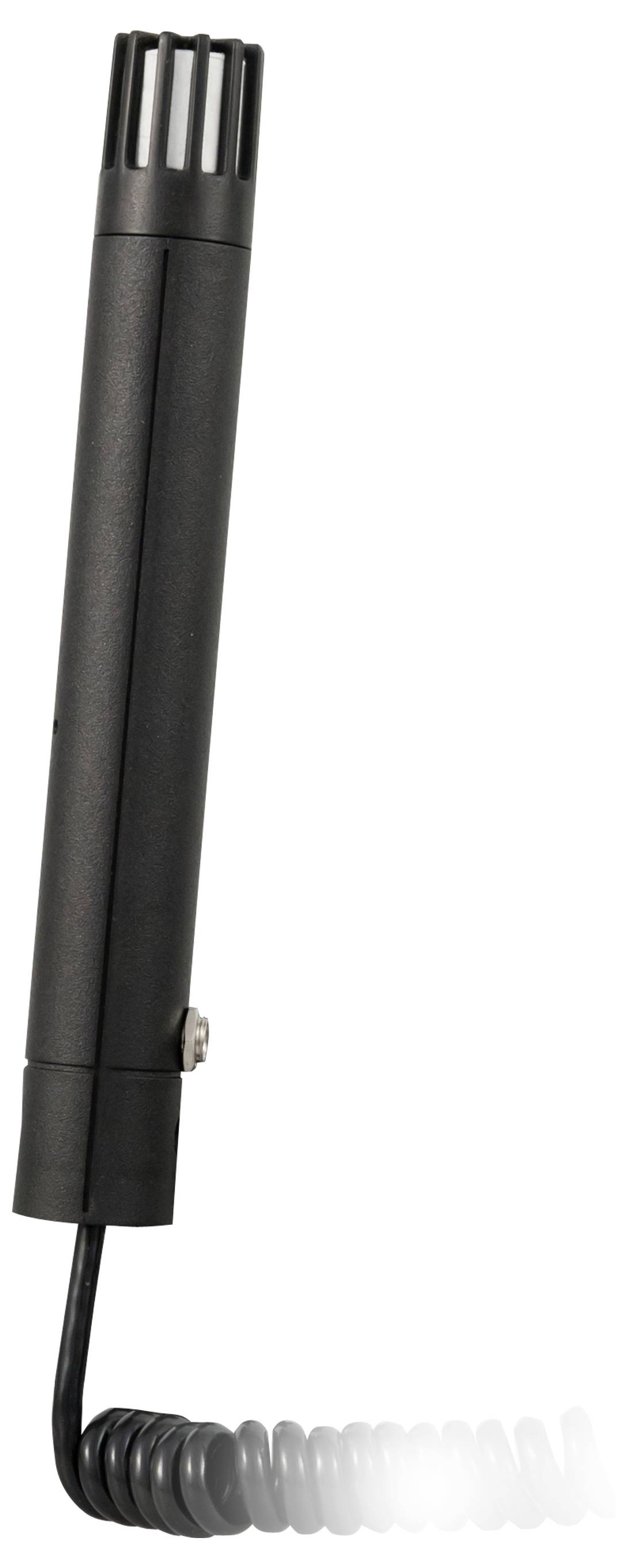 Schwarze zylindrische Antenne oder ein Sensor mit einem aufgewickelten Kabel, das am unteren Ende angebracht ist, auf weißem Hintergrund.