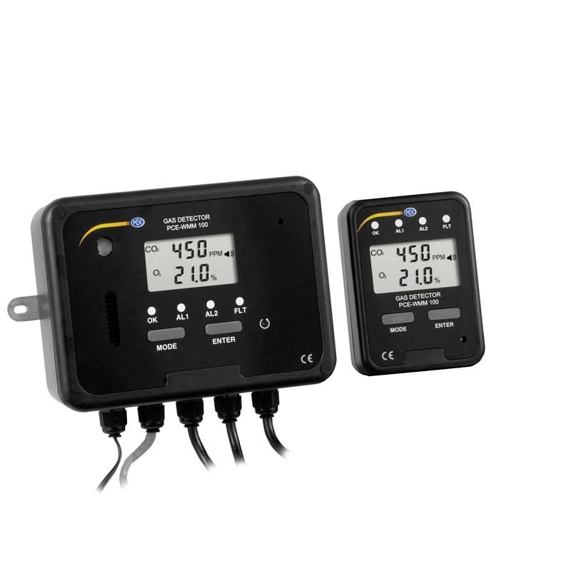 Zwei schwarze Gasprüfgeräte mit digitalen Anzeigen, die CO 450 ppm und O2 21,0% anzeigen, mit Tasten und Kabelverbindern.