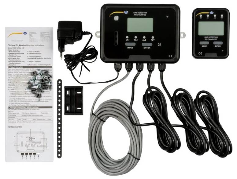 Gasdetektor-Set mit Bedienfeld, kleinerer Anzeigeeinheit, Stromadapter, Kabeln, Befestigungsmaterial und Installationshandbuch.