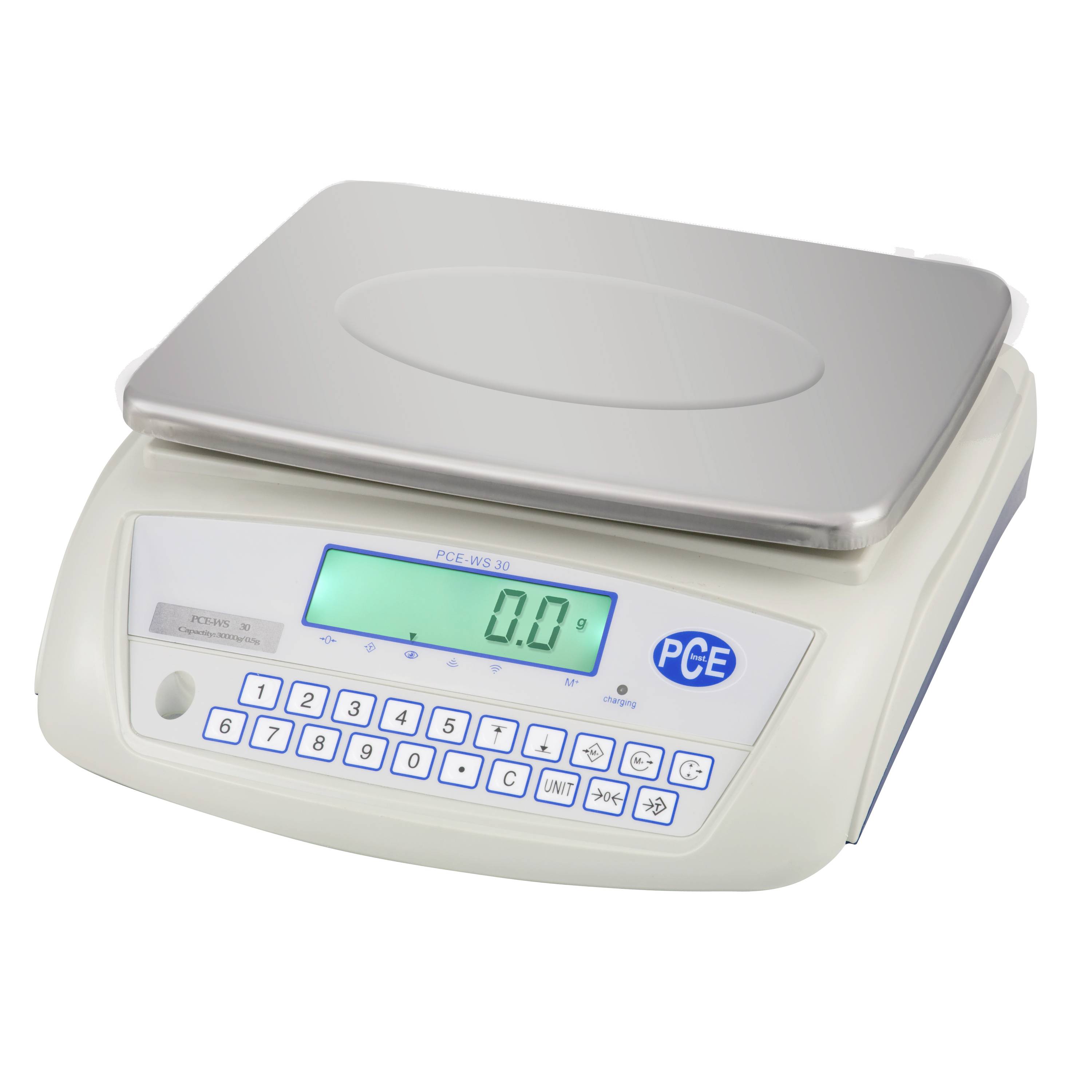 Digitale Tischwaage mit Edelstahlplattform und beleuchtetem Display zeigt 0,0 g an.