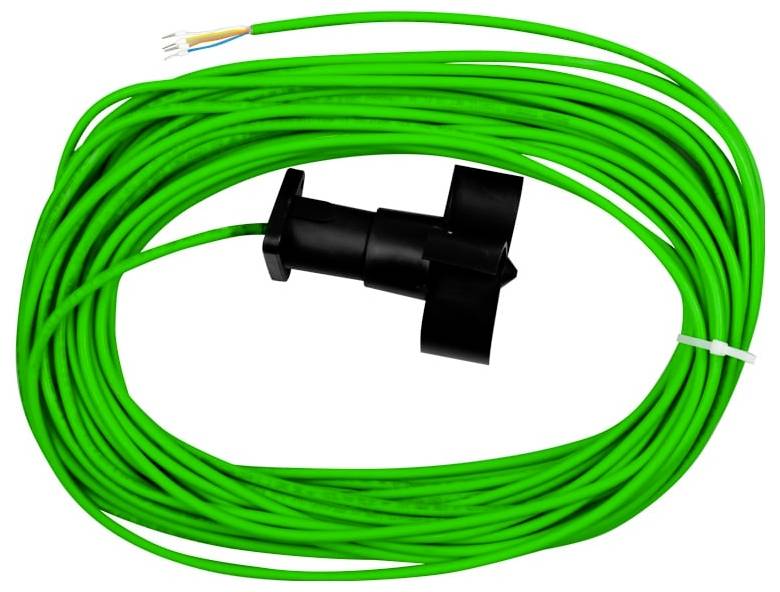 Helles grünes aufgerolltes Kabel mit einem schwarzen Stecker oder Sensor, dargestellt auf weißem Hintergrund.
