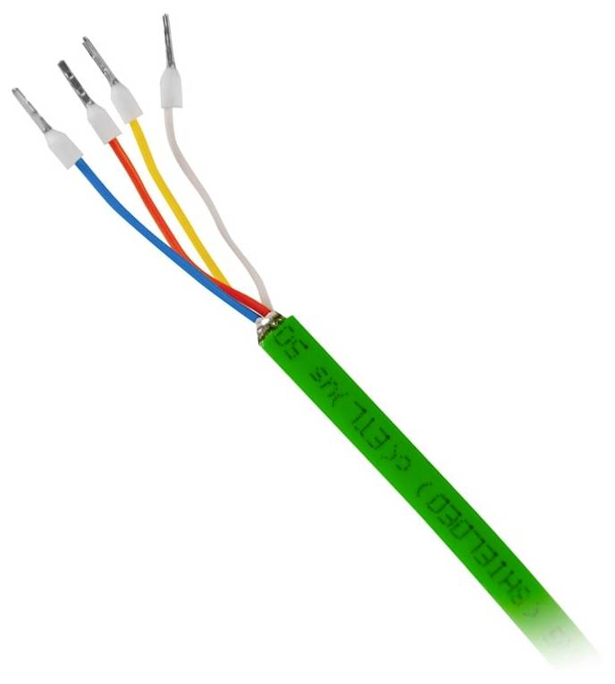 Grünes Elektrokabel mit vier abisolierten, farbcodierten Drähten an einem Ende auf weißem Hintergrund.