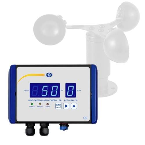 Digitaler Windgeschwindigkeitsalarmregler mit Display zeigt 5,0 und 0 an, daneben ein Drei-Becher-Anemometer-Sensor dargestellt.